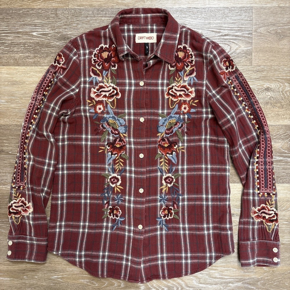Driftwood Lana Plaid Embroidered Flannel Collared Long Sleeve Button Up Blouse S